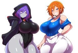 2girls ai_generated alternate_breast_size blue_shirt breasts crossover curvy dc dc_comics expressionless female female_only grey_skin huge_breasts human looking_at_viewer misty multiple_girls orange_hair pokemon purple_hair rachel_roth raven_(dc) teen_titans thick_thighs voluptuous white_pants wide_hips