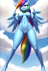 ai_generated anthro anthro_only breasts clouds evil_smile female_focus female_only middle_finger my_little_pony naked nipples nude_female original_character pegasus pegasus_wings rainbow_dash_(mlp) rainbow_hair rainbow_tail sky smile straight teasing uncensored vagina