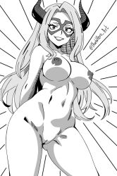 1girls big_breasts boku_no_hero_academia eyelashes female female_only grayscale hairless_pussy long_hair masked masked_female monochrome mount_lady my_hero_academia nipples shieldhero_art smile solo takeyama_yuu white_background