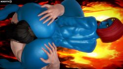 1boy 1boy1girl 1girls 3d 3d_(artwork) ass ass_grab big_ass big_breasts blue-skinned_female blue_skin bob_cut female female_focus fire_on! hands_on_ass head_between_cheeks honey_select huge_ass huge_breasts illusion_soft large_ass large_breasts legs light-skinned_male light_skin lips looking_back low_quality male male/female marvel marvel_comics medium_hair monster_girl muscular_back mutant mystique original_character raven_darkholme red_hair shape_shifter shapeshifter straight streaked_hair supervillainess villainess x-men yellow_sclera