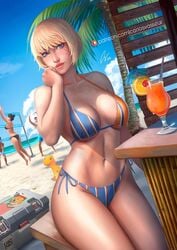 alternate_costume apex_legends beach bikini blonde_hair blue_eyes breasts geravass lichtenberg_figure pixie_cut scar short_hair striped_bikini wattson_(apex_legends)