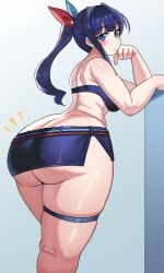 1girls ass ass_cleavage ass_focus big_ass big_butt big_thighs black_hair blue_eyes blush blush_lines blushing_at_viewer bottom_heavy bow looking_at_viewer looking_back microskirt ponytail skindentation skirt sleveless ssss.gridman tagme takarada_rikka thick_ass thick_thighs thigh_strap voluptuous voluptuous_female white_background wide_hips ytrall