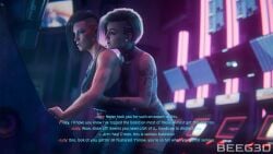 2girls 3d arcade beeg3d cd_projekt_red clothed cyberpunk_2077 green_hair groping groping_breasts groping_from_behind judy_alvarez lesbian light-skinned_female purple_hair tattoo tattoos v_(cyberpunk_2077) valerie_(cyberpunk_2077) yuri