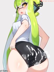 1girls agent_3_(splatoon) ass bike_shorts breasts cum female female_only inkling inkling_girl jtveemo looking_at_viewer looking_back nintendo solo solo_female splatoon steam thick_thighs tight_clothing wide_hips