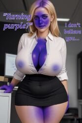 ai_generated big_breasts big_thighs black_skirt blue_skin blueberry blueberry_inflation breast_expansion breasts breasts_bigger_than_head breasts_out cleavage curvaceous curvy curvy_female curvy_figure expansion hips hourglass_expansion hourglass_figure inflation purple_skin skirt swelling thick_thighs white_shirt wide_hips