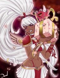 abs armor dark-skinned_female dazol flies fly frog glowing_eyes heart heart long_hair magical_girl original_character present ribbon tagme toned toned_female very_long_hair white_hair