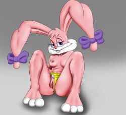 anus babs_bunny blue_eyes breasts feet looking_at_viewer nipple panties panties_aside pink_fur pubes purple_ribbon pussy rabbit rabbit_ears sitting smile spread_legs tiny_toon_adventures tits_focus yellow_panties