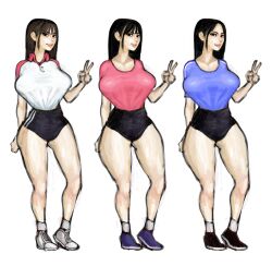 3girls bangs big_breasts black_hair brown_hair busty clothed clothing huge_breasts long_hair looking_at_viewer multiple_girls original_characters peace_sign plumperpass shorts simple_background smile sneakers v white_background