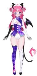 ahoge asymmetrical_legwear bangs blush bow bowtie breasts camila_(vtuber) cleavage clothing_cutout demon_girl demon_tail demon_wings elbow_gloves facial_mark female gloves head_wings long_hair looking_at_viewer multicolored_hair pink_hair pointy_ears purple_eyes simple_background smile solo streaked_hair succubus tail thighhighs two_side_up virtual_youtuber white_background wings