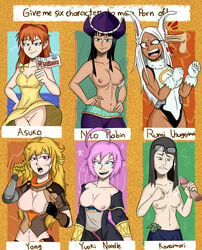 2boys 6girls abs asuka_langley_sohryu banknote black_hair blonde_hair blue_eyes bottomless_dress breasts breasts_out character_name cheek_bulge clothing crossover cum dark-skinned_female dark_skin dress ear_fuck ear_penetration eastern_and_western_character eizouken_ni_wa_te_wo_dasu_na! english_text erect_penis erection feliz_jueves fellatio_gesture female flag flashing_breasts glasses hand_on_hip handjob hero_outfit_(mha) jerking keep_your_hands_off_eizouken legs_together linea_alba male medium_breasts meme miruko money multiple_girls multiple_penises my_hero_academia navel neon_genesis_evangelion nico_robin no_panties one_piece orange_hair orange_pubic_hair pink_hair pre-timeskip prosthetic prosthetic_arm prostitution pubic_hair purple_eyes red_eyes rei_chikita robotic_arm rumi_usagiyama rwby sayaka_kanamori self_exposure sexually_suggestive six_fanarts_challenge sleeveless_dress small_areolae small_breasts small_nipples smile source_request spanish_text sparse_pubic_hair sundress text translated white_hair yang_xiao_long yellow_dress yellowsalamander yuuki_noodle zipper_pull_tab