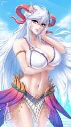 1girls armlet artist_name bikini blue_sky breasts cleavage commission curled_horns diskette english_commentary female female_only fire_emblem fire_emblem_heroes flower freyja_(fire_emblem) freyja_(summer)_(fire_emblem) goat_horns hair_flower hair_ornament highres horns large_breasts long_hair looking_at_viewer navel nintendo official_alternate_costume open_mouth pelvic_curtain red_eyes red_horns sky solo swimsuit white_bikini white_hair