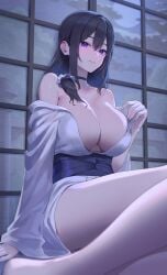 1girls bare_legs barefoot black_choker black_hair blue_eyes blush breasts choker cleavage commentary_request feet_out_of_frame full_moon hair_ornament highres japanese_clothes kfr large_breasts legs long_sleeves looking_at_viewer medium_hair mole mole_on_breast moon night off_shoulder original parted_lips sitting smile solo thighs wholesome