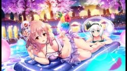 2girls big_breasts breasts cleavage cup floatie juice official_art pink_hair pool short_hair smoothie swimsuit tagme touhou touhou_danmaku_kagura water white_hair youmu_konpaku yuyuko_saigyouji