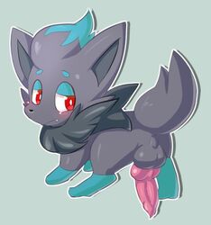 1boy 2019 animal_genitalia animal_penis ass backsack blue_body blue_fur blush canine_penis earthb-kun feral fur furry green_background grey_body grey_fur knot looking_back male male_only multicolored_body multicolored_fur nintendo nude penis pokémon_(species) pokemon pokemon_(species) pokemon_bw presenting presenting_hindquarters raised_tail rear_view red_eyes shiny_pokemon simple_background solo testicles two_tone_body two_tone_fur video_games zorua