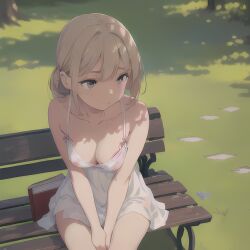 1girls ai_generated bare_shoulders blonde_hair blue_eyes book braless cleavage collarbone cute female grey_eyes looking_away looking_down medium_breasts nipples_visible_through_clothing park_bench shy stable_diffusion summer_dress sundress thighs