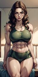 abs ai_generated big_breasts black_hair curly_hair glasses green_eyes huge_breasts long_hair looking_at_viewer muscular_arms parahumans procyon_ai sports_bra sportswear taylor_hebert thick_lips thick_thighs wide_hips