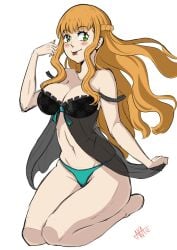 1girls aka12 barefoot black_clover breasts female green_eyes_female green_panties lingerie long_hair_female mimosa_vermillion orange_hair_female solo_female teenage_girl tongue_out white_skinned_female