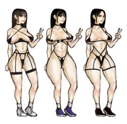 3girls bangs big_breasts black_hair brown_hair busty huge_breasts lingerie long_hair looking_at_viewer multiple_girls naked nude original_characters peace_sign plumperpass shorts simple_background smile sneakers tagme v white_background