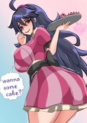 1girls @_@ ahoge alternate_costume ass ass_in_dress bare_thighs blue_eyes blue_hair breasts cake english_text female female_only food hairband hex_maniac large_ass large_breasts long_hair looking_back nervous open_mouth pokemon rinku_bny smile solo text thighs trembling very_long_hair waitress