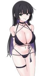 1girls adult arms_behind_back bare_arms bare_legs bare_midriff bare_shoulders bare_thighs belly belly_button belly_piercing black_bra black_choker black_hair black_panties black_underwear bocchi_the_rock! bra breasts choker cleavage collarbone dot_nose ear_piercing ear_piercings female female_focus female_only fried_bocky green_eyes groin hands_behind_back high_resolution highres hourglass_figure large_breasts legs light_skin lip_piercing long_hair navel navel_piercing nude pa-san panties purple_hair simple_background slender_body slender_waist slim_girl slim_waist smile smiling solo standing straight_hair thick_thighs thighs thin_waist underwear v-line white_background