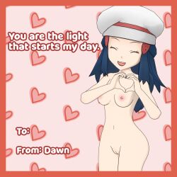 1girls 2024 blue_hair closed_eyes dawn_(pokemon) female heart_hands looking_at_viewer message naked naked_female nude nude_female palentine's_day_dawn pokemon pokemon_dppt pokemon_masters pokemon_masters_ex pose posing saucemon7 solo solo_female solo_focus text valentine's_day valentines_day_card