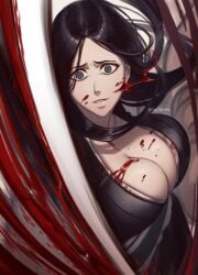 50x48x48 artist_name big_breasts black_clothing black_hair bleach bleach:_the_thousand-year_blood_war blood blood_on_face blood_stain blue_eyes cleavage gilf large_breasts milf minazuki_(bleach) scar scar_on_chest unohana_retsu unohana_yachiru wide_eyed