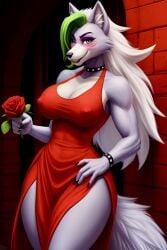 ai_generated anthro blush female female_only five_nights_at_freddy's five_nights_at_freddy's:_security_breach frosting.ai high_slit_dress nipple_bulge rose rose_(flower) roxanne_wolf_(fnaf) self_upload thighs weedvee420