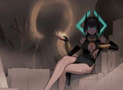 bare_legs big_breasts black_hair blue_eyes bob_cut crossed_legs dark-skinned_female dark_skin egyptian egyptian_clothes egyptian_female glowing_eyes gogalking insact oc one_piece_suit original_character sitting skirt slim_waist wide_hips