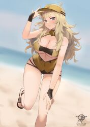 1girls alternate_costume ass_visible_through_thighs bare_legs beach blonde_hair blue_eyes breasts cleavage covered_navel female female_only fire_emblem fire_emblem_fates grin kaos_art large_breasts legs long_hair looking_at_viewer nintendo ocean one-piece_swimsuit ophelia_(fire_emblem) outdoors pose sandals smile swimsuit underboob very_long_hair yellow_one-piece_swimsuit yellow_swimsuit