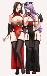 2girls alternate_costume arm_around_waist asymmetrical_docking bare_thighs bbk_(13zk) breast_press breasts brown_eyes brown_hair camilla_(fire_emblem) camilla_(light_of_nohr)_(fire_emblem) cleavage crown earrings female female_only fire_emblem fire_emblem_fates fire_emblem_heroes fishnet_legwear fishnets garter_belt gloves hair_over_one_eye kagero_(fire_emblem) large_breasts long_hair looking_at_viewer multiple_girls nintendo pelvic_curtain pink_eyes purple_hair revealing_clothes sideboob smile thighhighs thighs v very_long_hair white_background