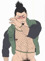 1boy abs bara black_hair black_shirt blush blush_lines body_hair boruto:_naruto_next_generations bottomless bottomless_male brown_nipples chest_hair clothed clothing dilf earrings facial_hair fishnet_shirt fishnets goatee green_jacket hair_tied hairy hairy_abs hairy_chest hairy_male hairy_stomach happy_trail human human_only jacket light-skinned_male light_skin long_sleeve_shirt long_sleeves looking_down male male_focus male_only manly mature mature_male muscle muscles muscular muscular_male nara_shikamaru naruto naruto_(series) naruto_shippuden nipple_piercing nipples open_jacket open_shirt out_of_frame out_of_frame_censoring pecs pectorals penis_out_of_frame pierced_nipples pubic_hair sarah_borrows see-through see-through_shirt shirt simple_background six_pack sleeveless_jacket sniperstalker solo solo_focus solo_male standing tied_hair topwear topwear_only white_background