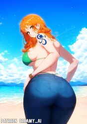 ai_generated ass ass_focus beach big_breasts bikini bikini_top_only blue_tattoo brown_eyes creamy_ai female female_only from_behind green_bikini hands_on_hips hi_res huge_ass jeans large_breasts long_hair looking_at_viewer looking_back nami nami_(one_piece) one_piece orange_hair panty_straps parted_lips patreon_username perky_breasts post-timeskip shoulder_tattoo sideboob stable_diffusion thick_ass thick_thighs