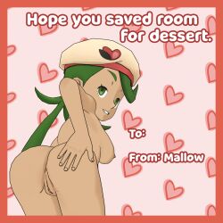 1girls 2024 ass ass_focus ass_grab female green_eyes green_hair looking_at_viewer mallow_(pokemon) message naked naked_female nude nude_female palentine's_day_mallow_(pokemon_masters) pokemon pokemon_masters pokemon_masters_ex pokemon_sm pose posing pussy saucemon7 solo solo_female solo_focus text twintails vagina valentine's_day valentines_day_card