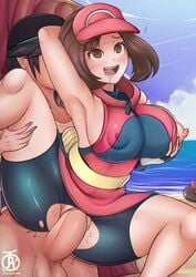 1girls ace_trainer_(pokemon) ace_trainer_(pokemon_sm) alternate_breast_size alternate_outfit_color armpits ass breasts clothed clothed_female_nude_male color elio_(pokemon) eye_contact human looking_at_viewer nintendo nipple_bulge nipples npc_trainer nude penis pokemon pokemon_frlg pokemon_sm presenting_armpit pussy revolverwingstudios sex text thick_thighs watermark wide_hips