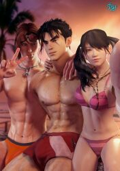 1girls 2boys 3d abs bisexual bisexual_male black_hair brown_eyes chinese_girl dusk female hwoarang jin_kazama kazama_jin lean_body lean_muscle light-skinned_female light-skinned_male light_skin ling_xiaoyu looking_at_another looking_at_camera namco orange_hair pecs petite piffy sunset swimsuits tekken tekken_8 tekken_tag_tournament_2 trio trio_focus tropical