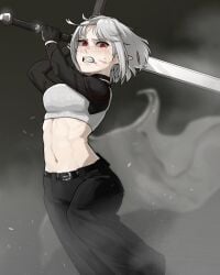 angry angry_face belly_button belt big_breasts crying elf_ears gogalking insact long_hair red_eyes sad sad_face sports_bra sportswear sword vampire_(gogalking) white_hair