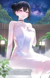 1girls black_choker black_hair breasts choker collarbone commentary_request covering_privates hair_between_eyes hair_ornament hairclip highres holding holding_towel kfr large_breasts looking_at_viewer mole mole_on_breast night night_sky nude_cover onsen original outdoors parted_lips purple_eyes short_hair sitting sky smile solo steam thighs towel wet