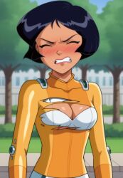 ai_generated ass bigmic145 black_hair bodysuit bra breasts clover_(totally_spies) exposed_breasts female medium_breasts ripped_clothing solo_female totally_spies wardrobe_malfunction