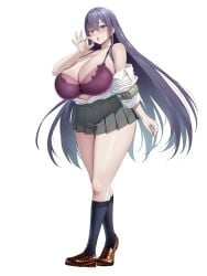 1girls 4k armband big_ass big_breasts big_butt black_hair black_hair_female bra clothing fellatio_gesture female female_only full_body hi_res highres inviting japanese_text lingerie long_hair looking_at_viewer oekakizuki off-shoulder_shirt off_shoulder original purple_eyes purple_hair romance school_uniform schoolgirl shirt simple_background skirt solo standing tagme text thick_thighs thighs translated underwear very_long_hair white_background