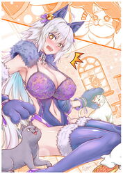 1girls 2020 2animals ahoge animal animal_ears artist_name bangs bare_shoulders bell blush bow breasts cat_ears cat_tail chains cigar_cat cleavage collar detached_collar fate/grand_order fate_(series) feline female female_only fur_collar fur_trim gloves hair_between_eyes hairbow highleg highleg_leotard highres jeanne_alter jingle_bell large_breasts leotard long_hair navel navel_cutout open_mouth paw_gloves paws petting purple_bow purple_legwear purple_leotard signature silver_hair sitting solo tail thighhighs thighs very_long_hair wariza yellow_eyes