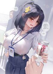 1girls 2boys big_breasts chocolate clothing english_text female gao-lukchup gao_(gaolukchup) gift hiding huge_breasts human lactation lactation_through_clothes lanyard loogchoob_(gaolukchup) milk neckwear nipples_visible_through_clothing original pale_skin skirt