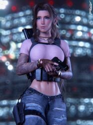 1girls 3d 3d_(artwork) abs aerith_gainsborough arm_tattoo blue_eyes bow_ribbon bracelet final_fantasy final_fantasy_vii final_fantasy_vii_remake fingerless_gloves gun holster jeans necklace pink_topwear pistol ribbon simple_background sleeve_tattoo square_enix str4hl tactical_gear tattoo_sleeve tattooed_arm tattoos torn_clothes trigger_discipline