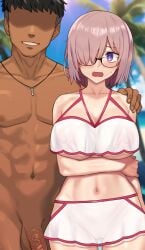 1boy 1girls after_sex blush cameltoe condom_belt fate/grand_order fate_(series) female glasses hair_over_one_eye hand_on_shoulder large_breasts latino_male mash_kyrielight micro_bikini netorare nipple_bulge nt00 spiced swimsuit tan-skinned_male used_condoms