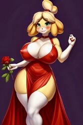 ai_generated animal_crossing anthro blush female female_only frosting.ai high_slit_dress isabelle_(animal_crossing) nintendo nipple_bulge rose rose_(flower) self_upload thighs weedvee420