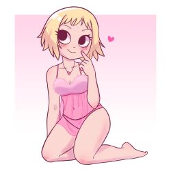 1girls black_eyes blonde_hair blush female heart kneeling kvromi_kvlt lisa_miller panties pink_underwear scott_pilgrim short_hair solo solo_female underwear valentine's_day