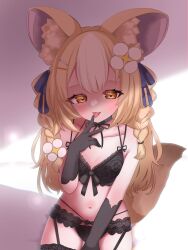 1girls amemochi_nina animal_ears belly_button black_bra black_gloves black_panties blonde_hair blush bra breasts byakko_yomosuke female female_only flower_in_hair fox_ears fox_girl gloves hair_ornament hairclips indie_virtual_youtuber indoors light-skinned_female light_skin lingerie panties small_breasts solo tongue tongue_out underwear virtual_youtuber yellow_eyes