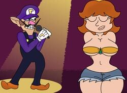 1boy 1girls bikini bra breast breasts brown_hair brunette cleavage clothing daisy_dukes daisy_dukes_bikinis_on_top dancing eyes_closed female gloves hips lips looking_at_another male mario_(series) microphone moustache nintendo overalls pink_nose princess_daisy purple revealing_clothes smiling spotlight standing terebision thighs waluigi weebls_stuff