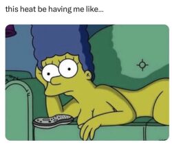 1girls 20th_century_fox accurate_art_style artist_request blue_hair casual completely_nude couch electronics female female_only human indoors marge_simpson meme nude pale_skin remote_control sofa solo source_request television the_simpsons watching white_background yellow_body yellow_skin