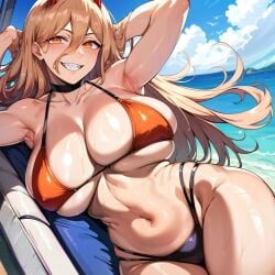 1girls ai_generated alternate_breast_size big_breasts bikini bostin breasts busty chainsaw_man curvaceous curvy curvy_body curvy_female curvy_figure female huge_breasts large_breasts nipples power_(chainsaw_man) sweat sweating sweaty sweaty_body sweaty_breasts swimwear thick_thighs thighs