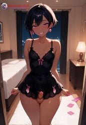 1boy ai_generated balls black_hair condom dress ear_piercing earrings femboy flat_chest high_resolution highres ilfb looking_at_viewer medium_hair more_at_source night original original_character otoko_no_ko purple_eyes small_penis standing testicles trap